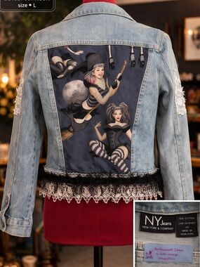 One of a kind New York & Company Light Blue Denim Jacket with Witch prints